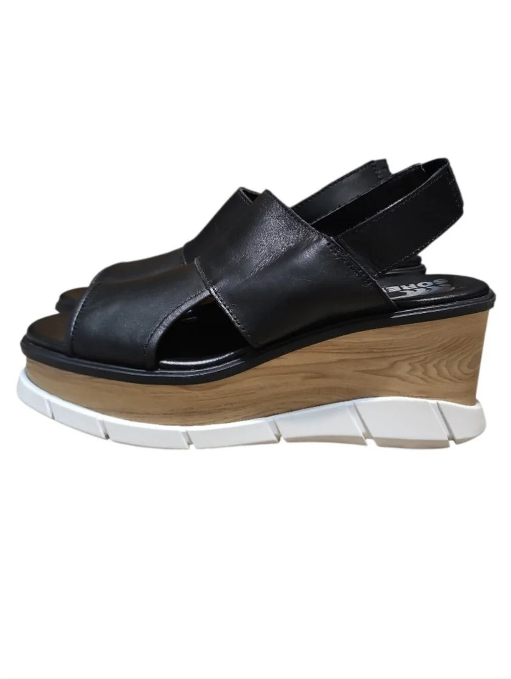 Sorel Joanie 111 Slingback Wedge Black Leather Sandals